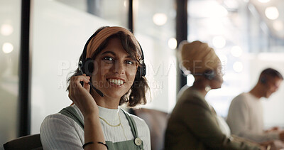 Telemarketing, call center and face of a woman in customer service, crm consulting and online support. Contact us, customer support and portrait of a consultant with a smile for help desk work