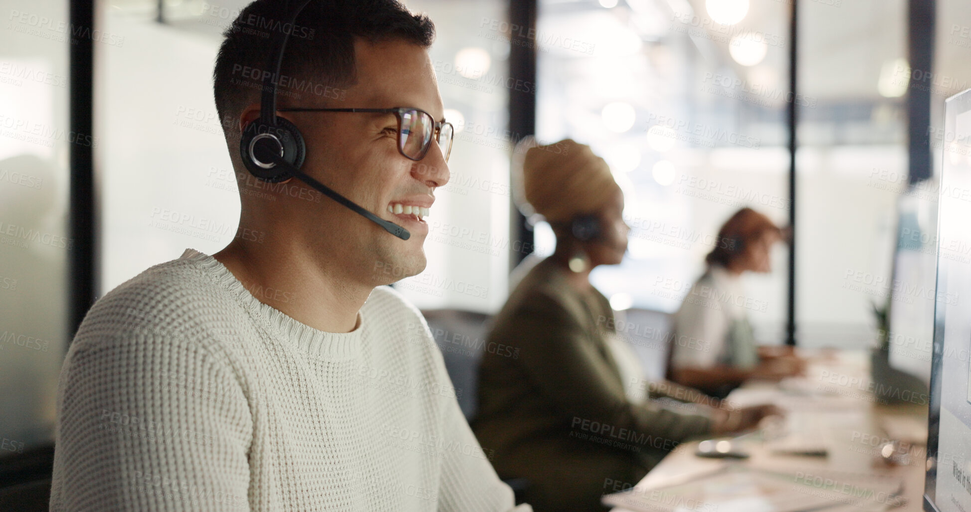 Buy stock photo Happy employee, staff and telemarketing with man, speaking and connection with tech support, computer and talking. Person, customer service or consultant with communication, call center and help desk