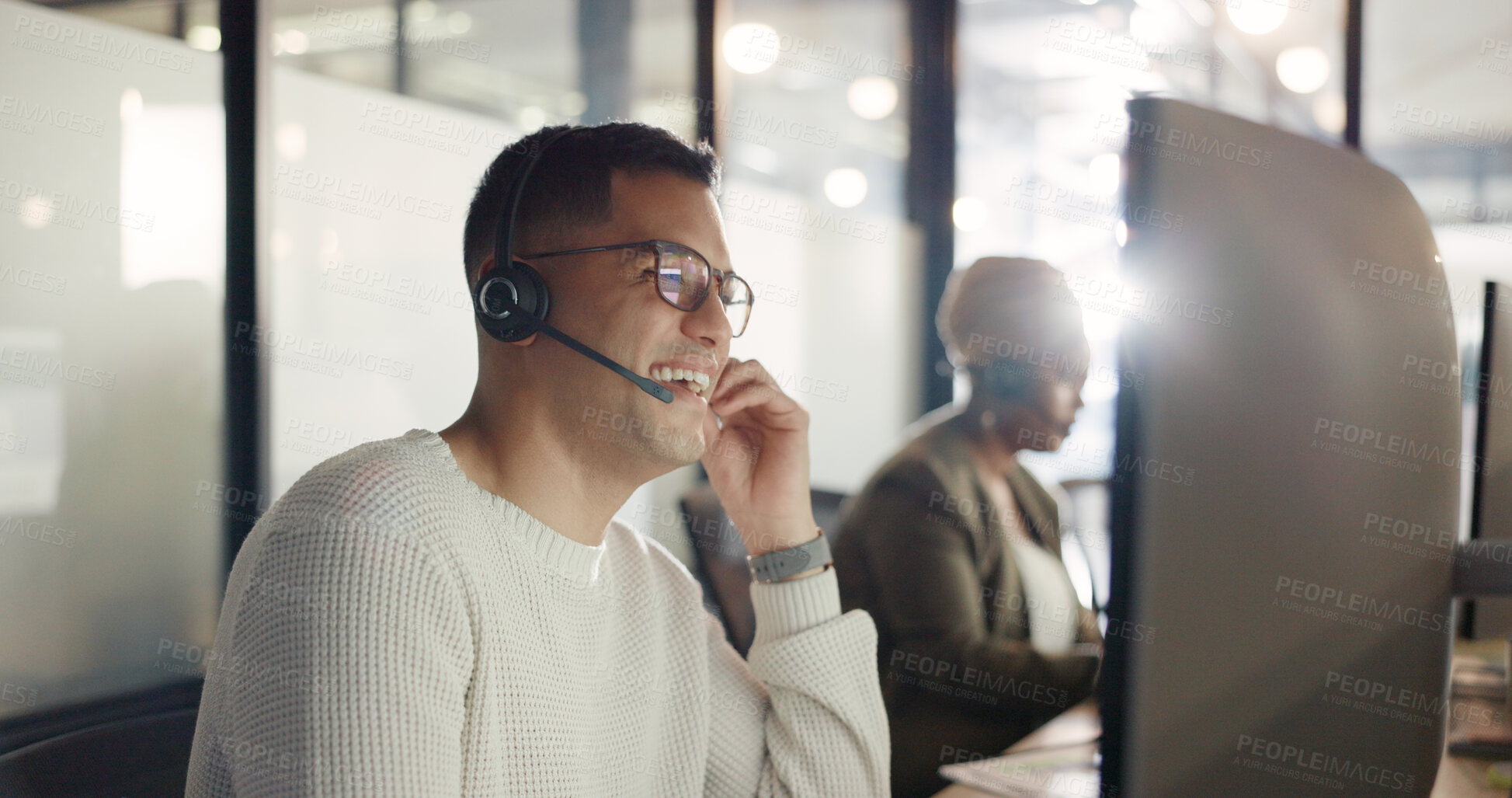 Buy stock photo Computer, smile  and man with telemarketing, customer service and connection with conversation. Business, consultant and employee with a pc, tech support and help desk for life insurance and advice