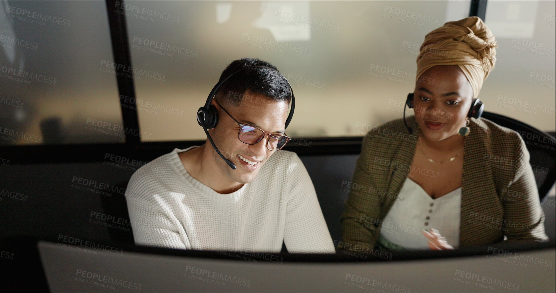 Buy stock photo Call center, training and consultant people on computer for technical support or advice, helping and IT solution. Manager and business woman at night for information technology or e commerce feedback