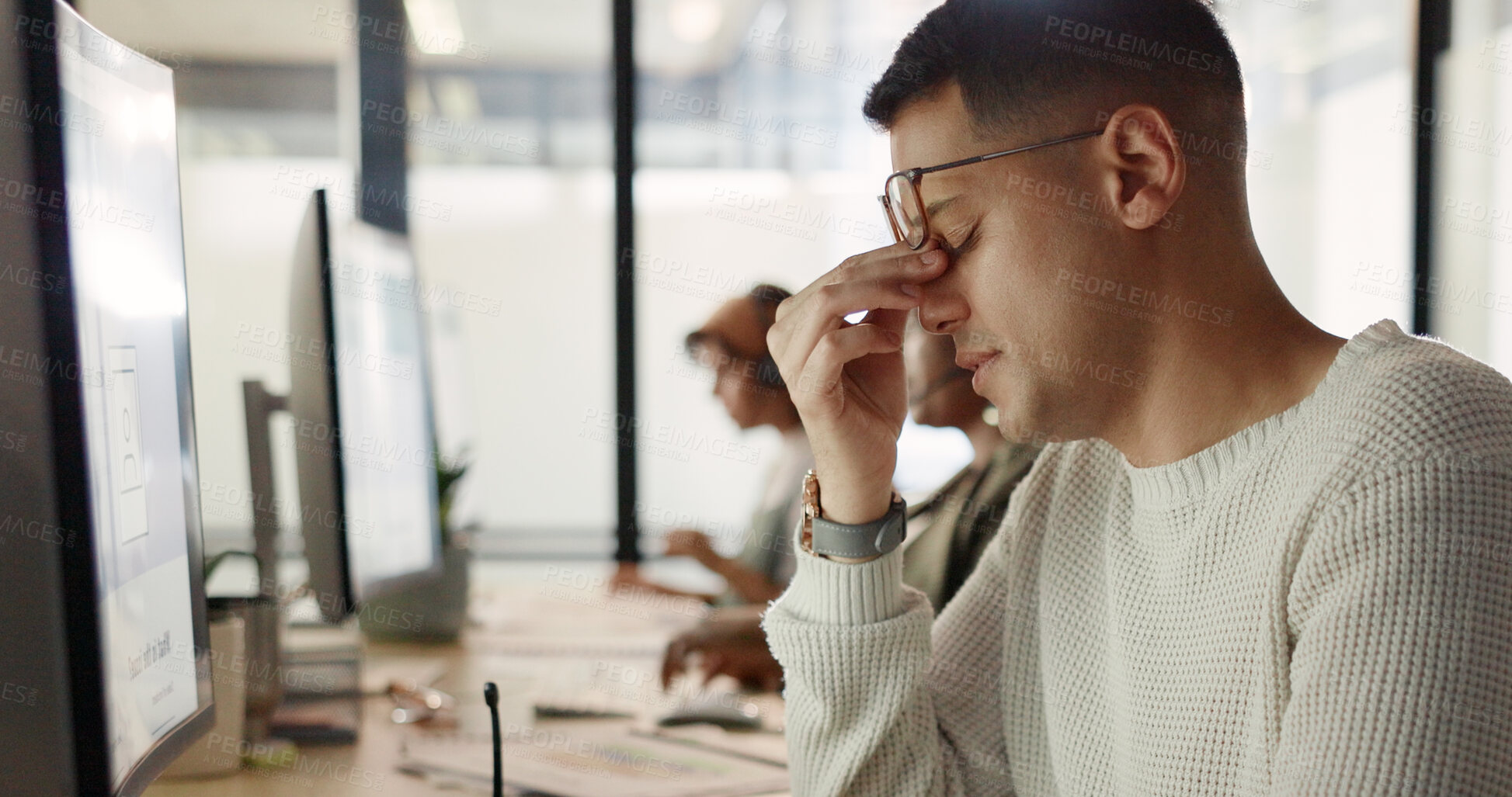 Buy stock photo Man tired at call center, burnout and problem, fail and employee fatigue at customer service job. Contact us, CRM mistake and exhausted with headache and worker desk for telemarketing stress