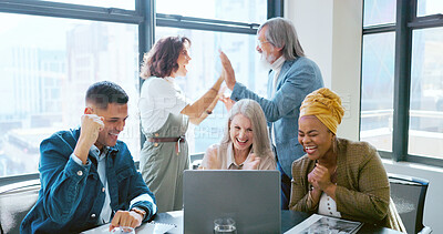 Teamwork, high five and applause of business people on laptop celebrating success, goals or targets. Collaboration, celebration and group of employees on computer clapping to celebrate achievement.