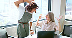 Success, handshake and business women with a laptop, celebrate win and email motivation. Fist bump, teamwork and excited employees reading communication on a computer with a partnership celebration