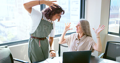 Buy stock photo Happy, handshake and business women on laptop to celebrate winning, achievement and success. Collaboration, teamwork and excited workers on computer with good news for project or deal in office
