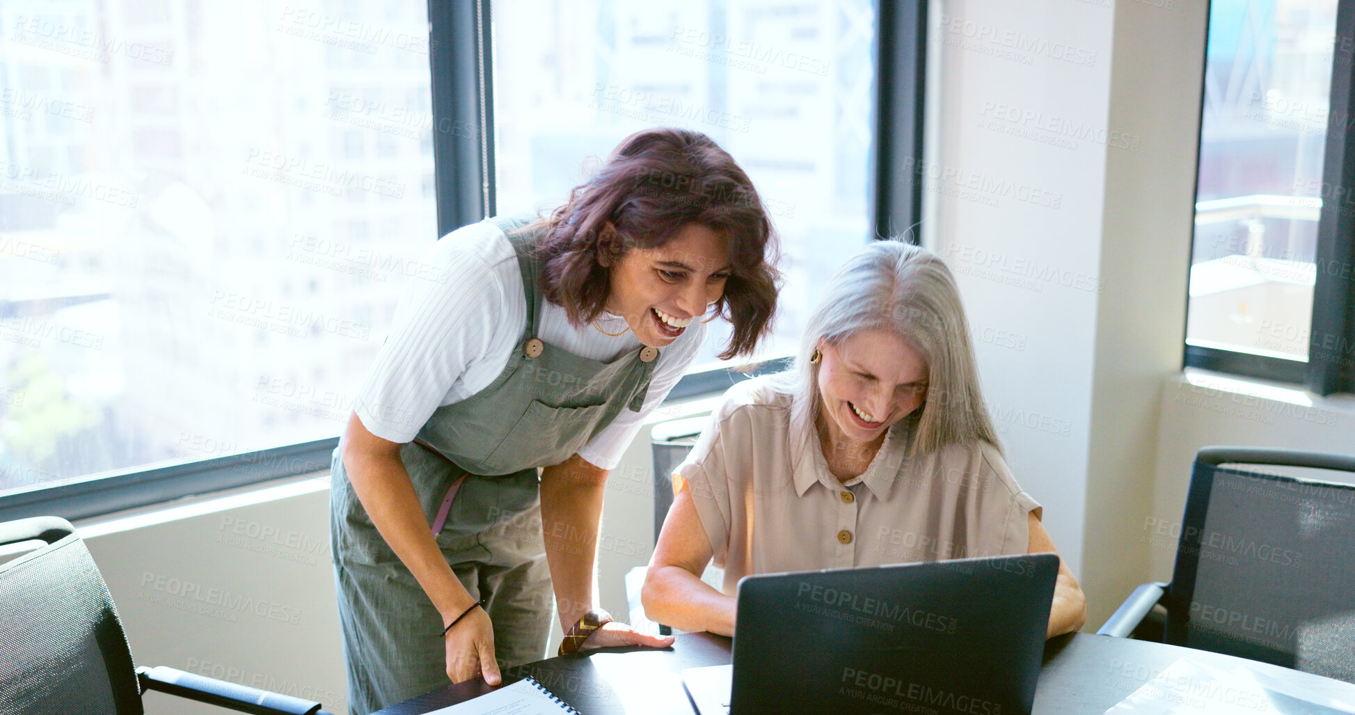 Buy stock photo Business women, meeting and laptop for marketing, video call or office teamwork and collaboration. Creative manager and internship employee laughing for funny meme or social media post on computer