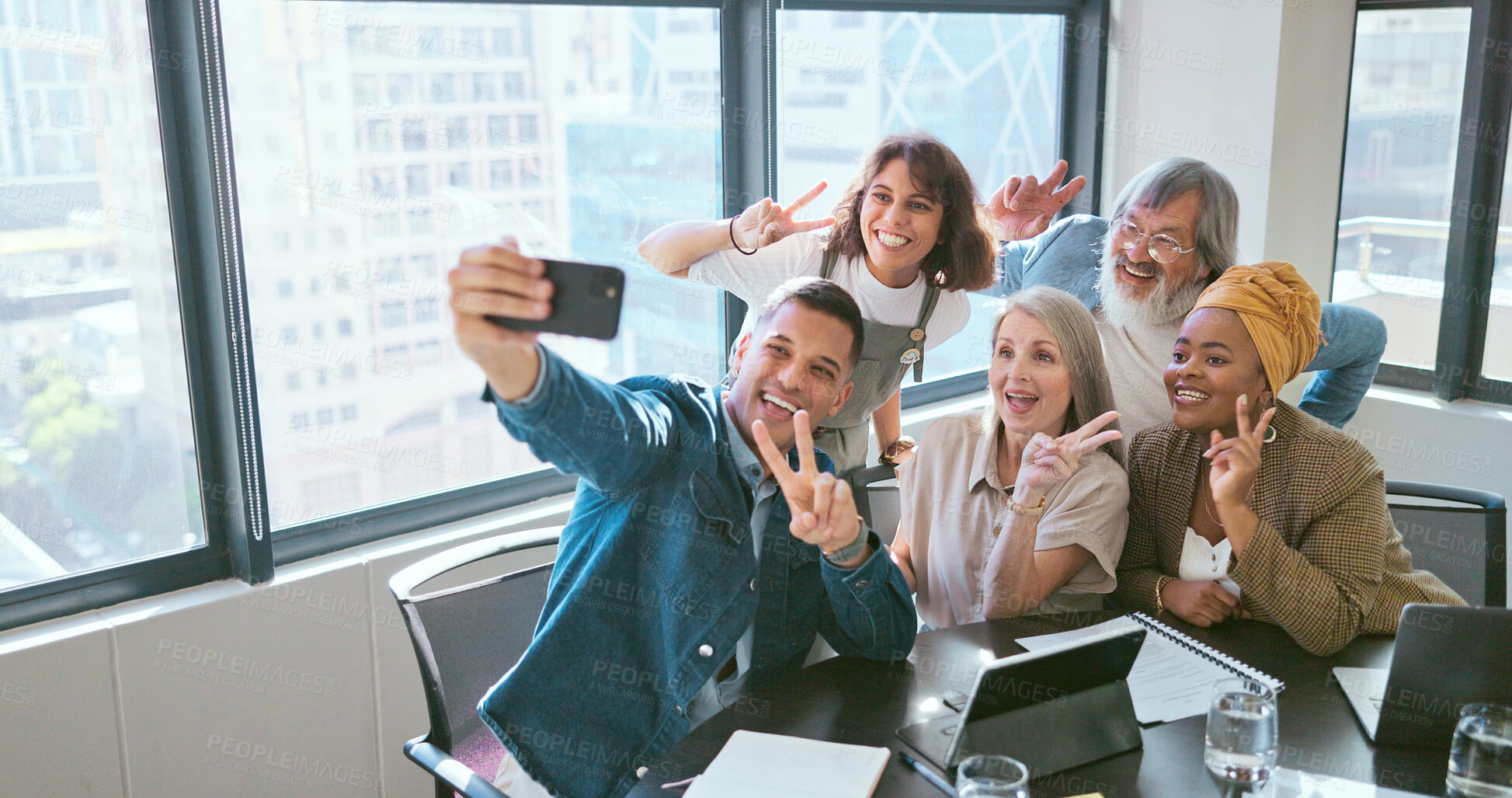 Buy stock photo Selfie, peace sign and happy business people, friends and group teamwork, diversity and pose for memory photo. Photography, V emoji sign and creative team, designer and post profile picture to app