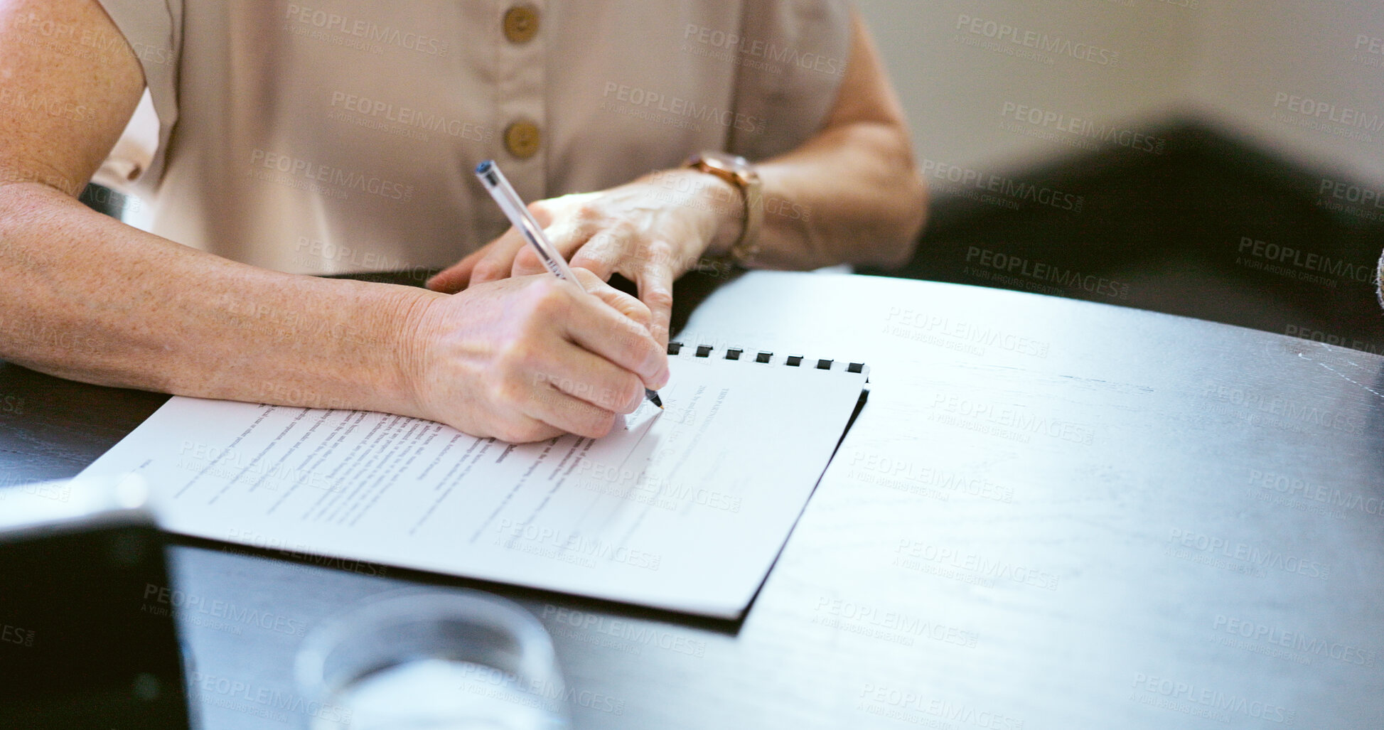 Buy stock photo Hands, writing notes and businesswoman at desk with application form, paperwork or contract. Agenda agreement, business report and woman in office planning information on administration documents.