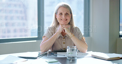 Buy stock photo Smile, confident and portrait of woman ceo in the office with documents for company planning. Happy, pride and professional senior female executive business entrepreneur or boss in a modern workplace