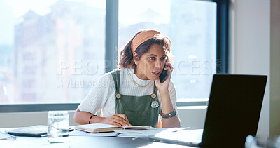 Phone call, writing notes and business woman on laptop for networking, calendar schedule and administration. Female worker, mobile communication and planning notebook data, computer strategy or sales