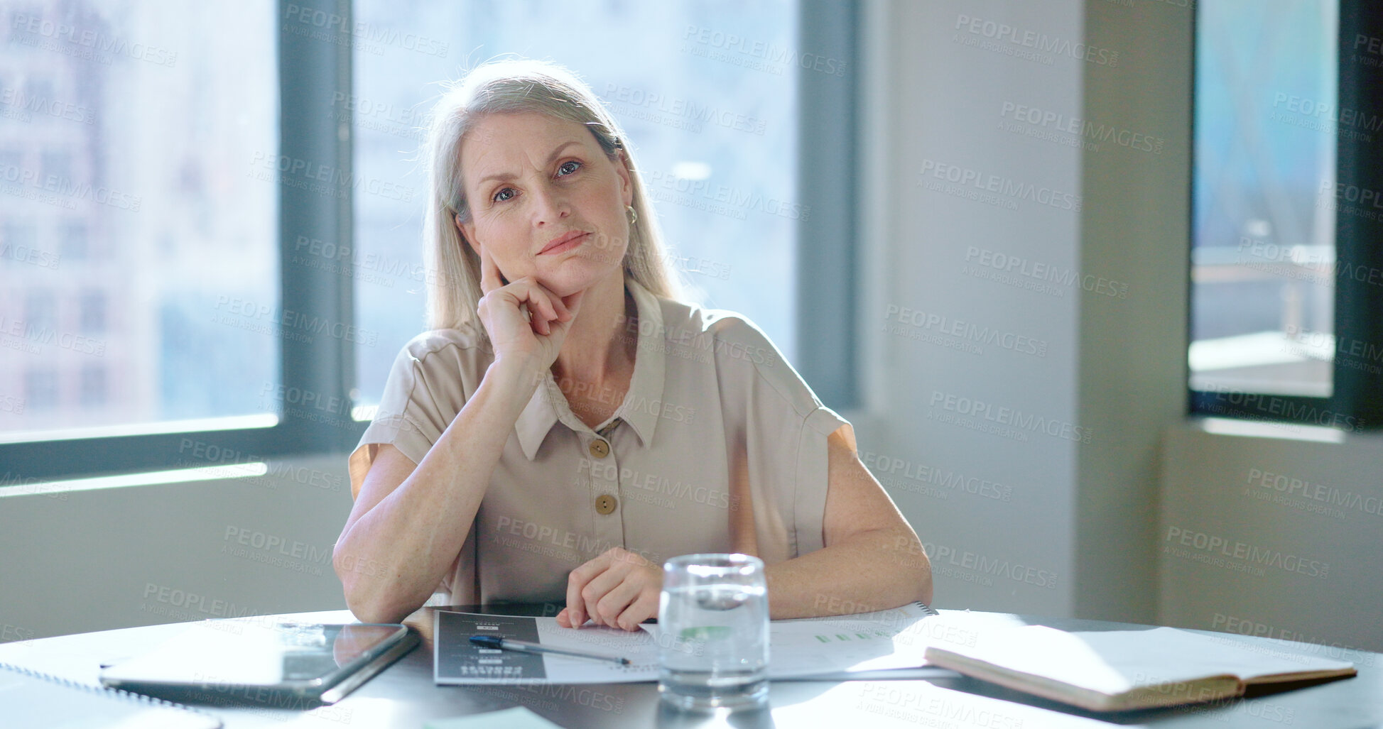 Buy stock photo Portrait, management and a mature woman CEO in her office for leadership of a corporate company. Business, boss and experience with a serious manager in a professional workplace for plan development