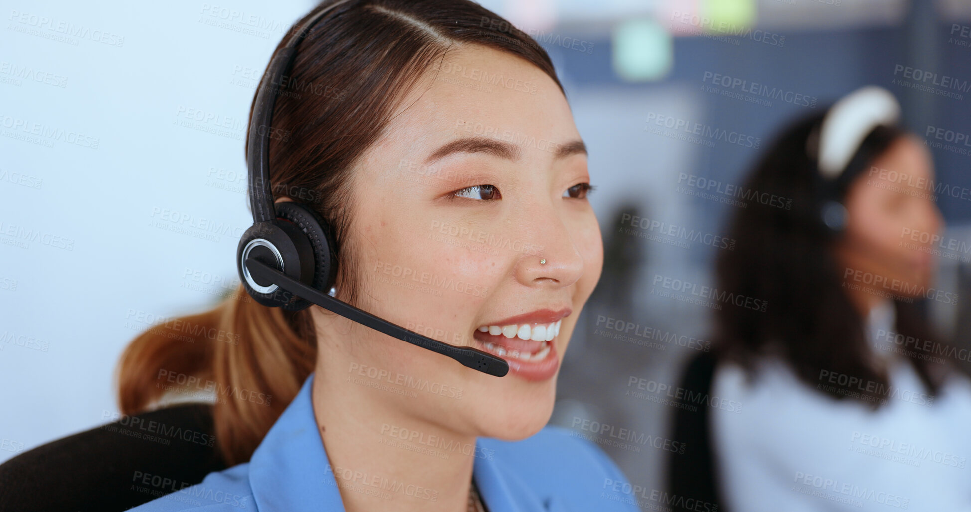 Buy stock photo Call center, customer service and woman consultant in office for online consultation with headset. Crm, contact and professional Asian female telemarketing or sales agent working on technical support