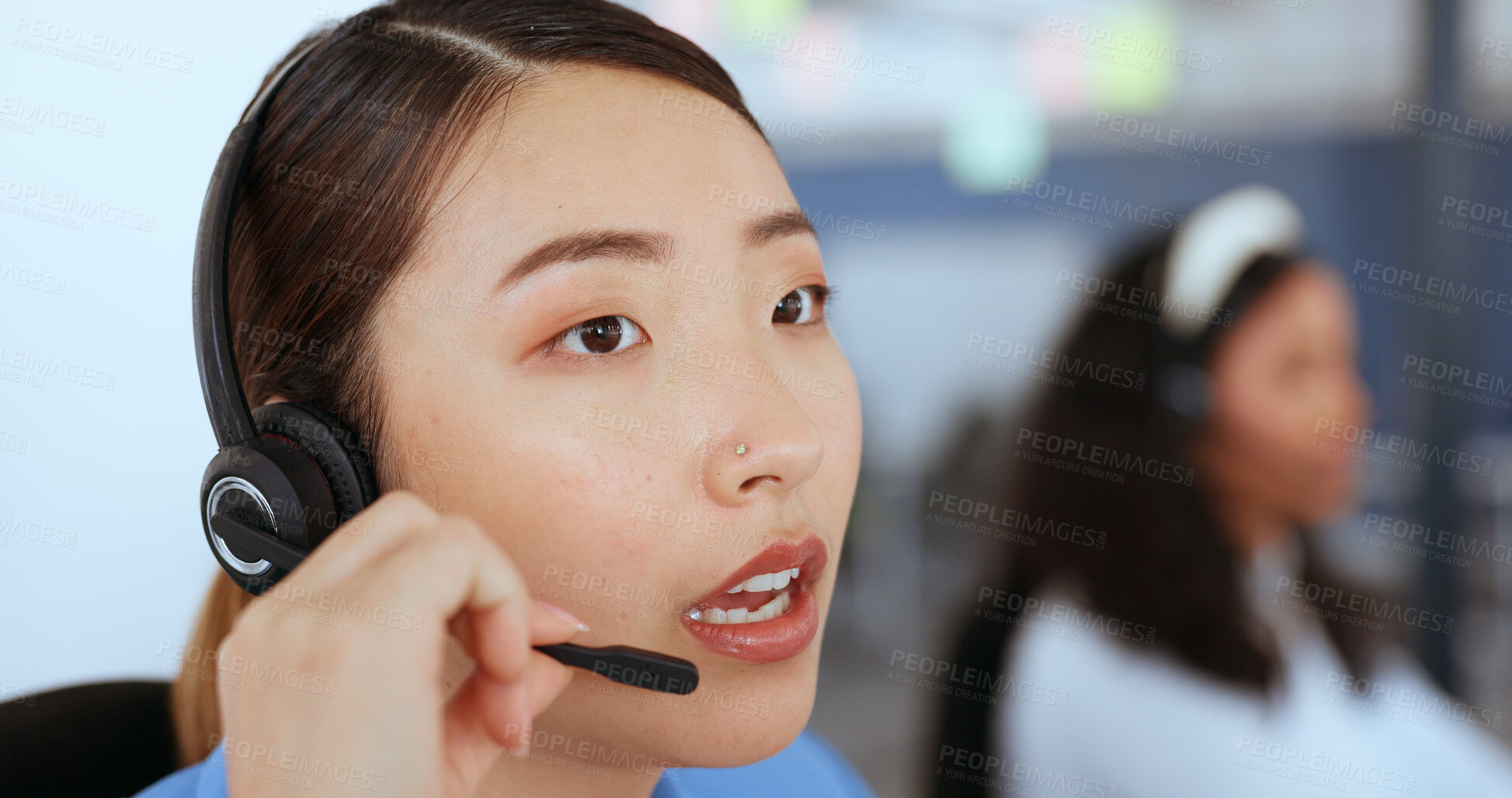 Buy stock photo Call center, technical support and woman consultant in office for online consultation with headset. Crm, contact and professional Asian female telemarketing or sales agent working on customer service