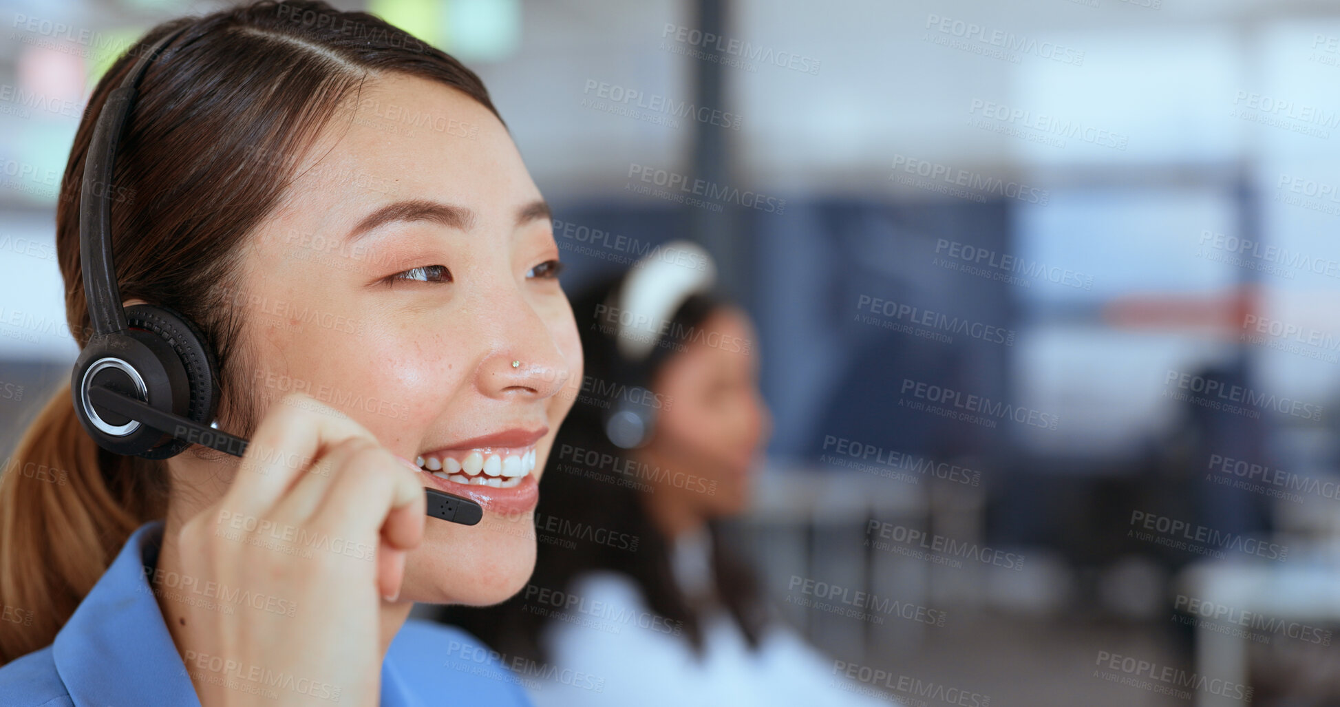 Buy stock photo Call center, telemarketing and woman consultant in office for online consultation with headset. Crm, contact and professional Asian female customer service or sales agent working on technical support