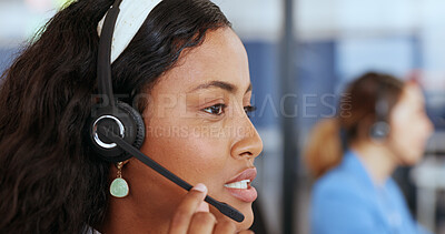 Call center, support and face of a black woman in telemarketing for communication, customer service and consulting. Contact us, conversation and customer support worker talking and giving advice
