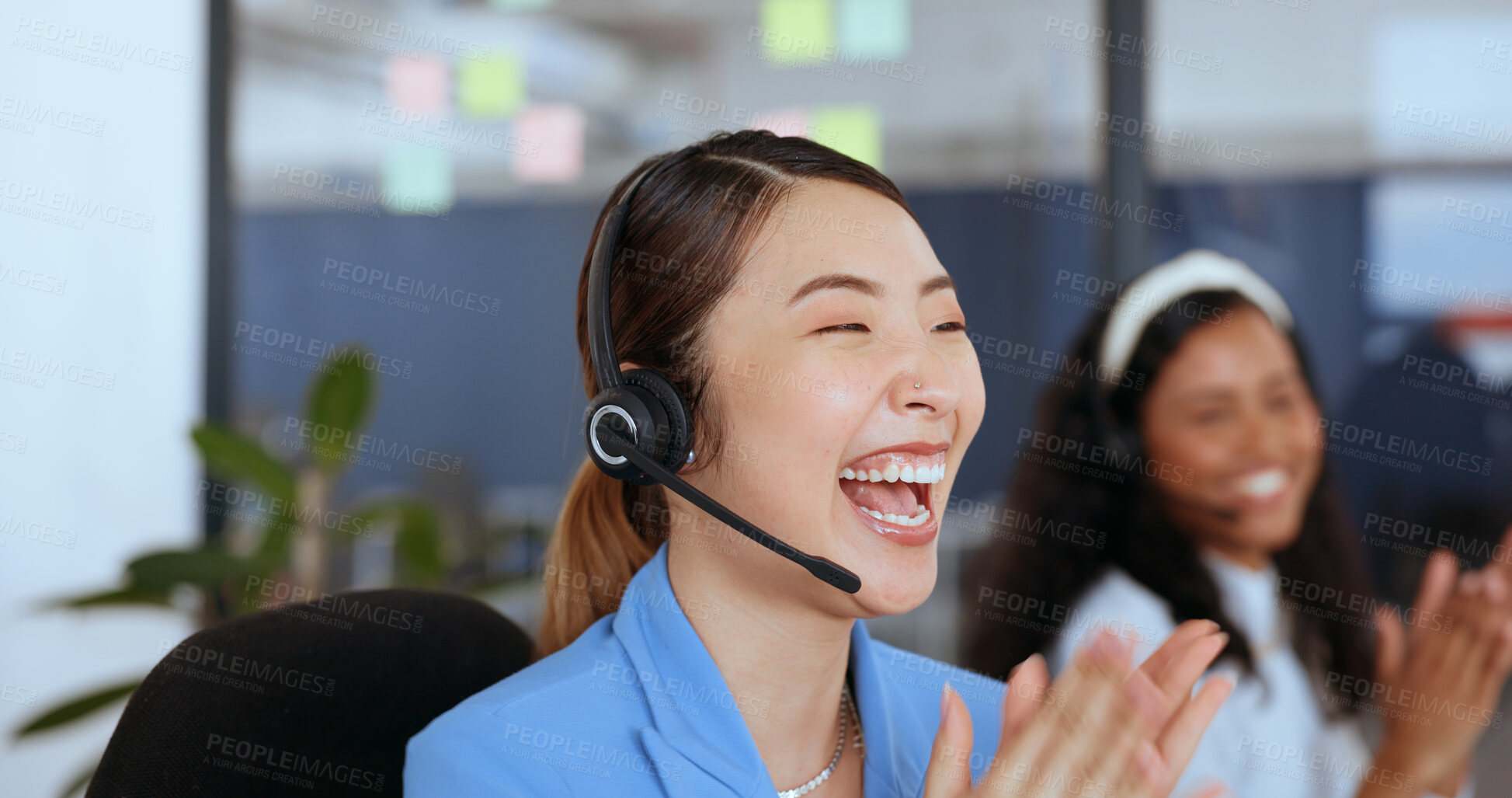 Buy stock photo Success, call center and happy with business woman in office for celebration, customer service and consulting. Technical support, help desk and winner with asian person in agency for communication