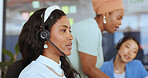 Telemarketing, sales or woman customer service consultant talking on phone with headset. Telesales, crm or call center worker consulting a call for customer support. Contact us on our help desk line.