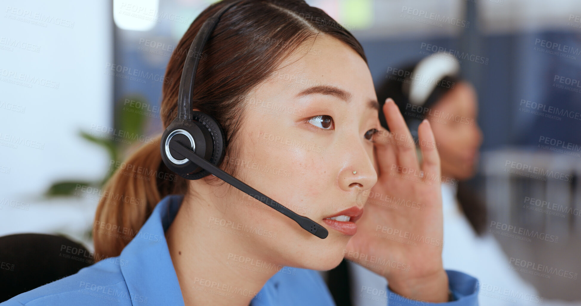 Buy stock photo Telemarketing, customer support and woman consultant in office for online consultation with headset. Crm, contact and professional Asian female call center or sales agent working on technical service