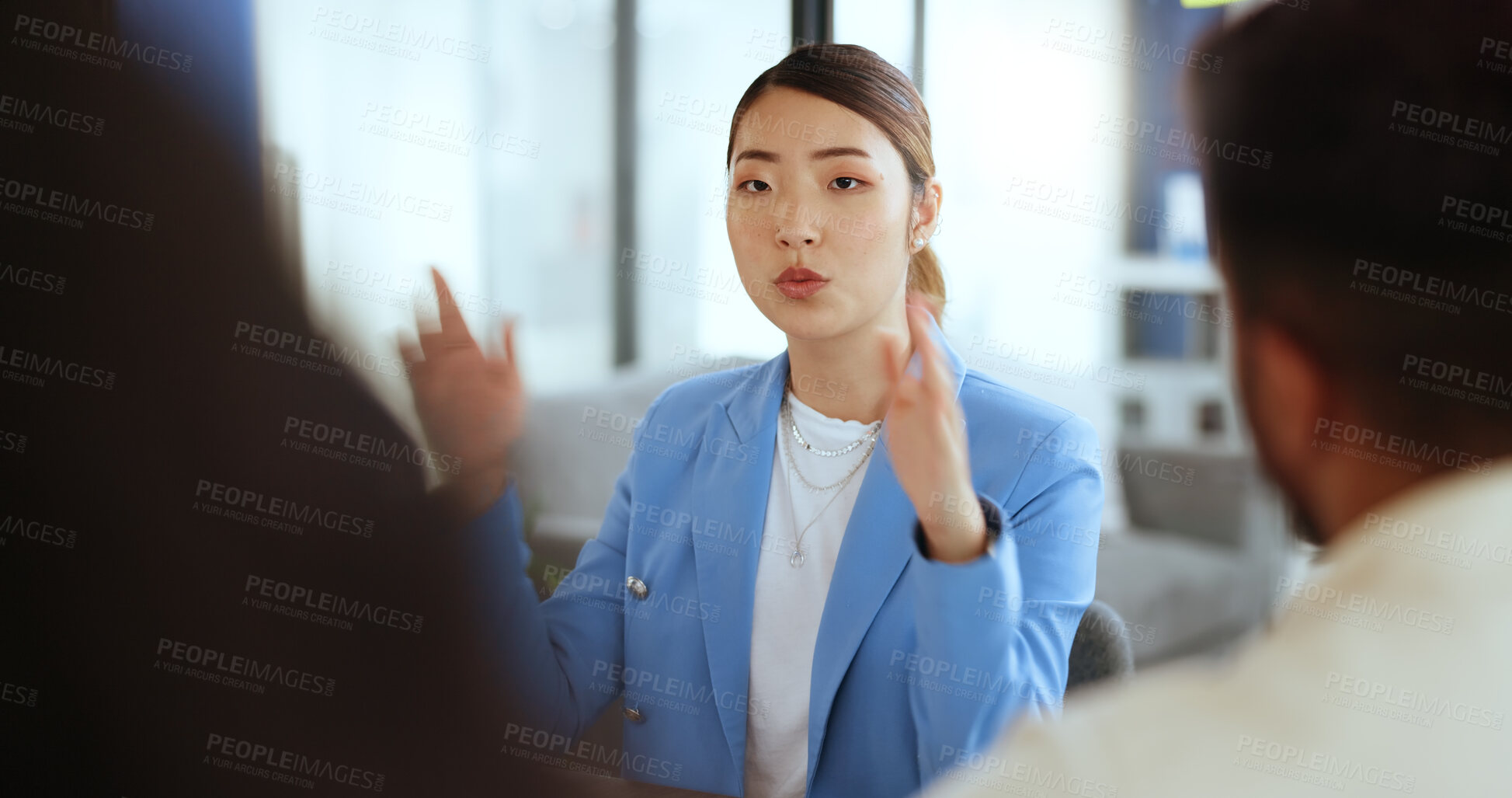 Buy stock photo Asian woman, meeting leader and business collaboration, marketing training or manager coaching in office. Team leadership, ceo talking and creative management or planning startup goals strategy