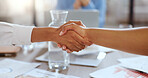 Handshake, meeting and business people with finance deal, b2b partnership and consultation trust. Thank you, agreement and accounting employees shaking hands for investment and financial contract