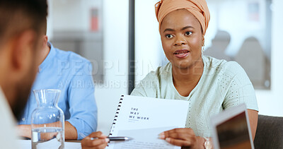 Documents, black woman and business people in a meeting planning a financial growth strategy in a company. Paperwork, portfolio or employee talking, discussion or speaking of goals, mission or vision