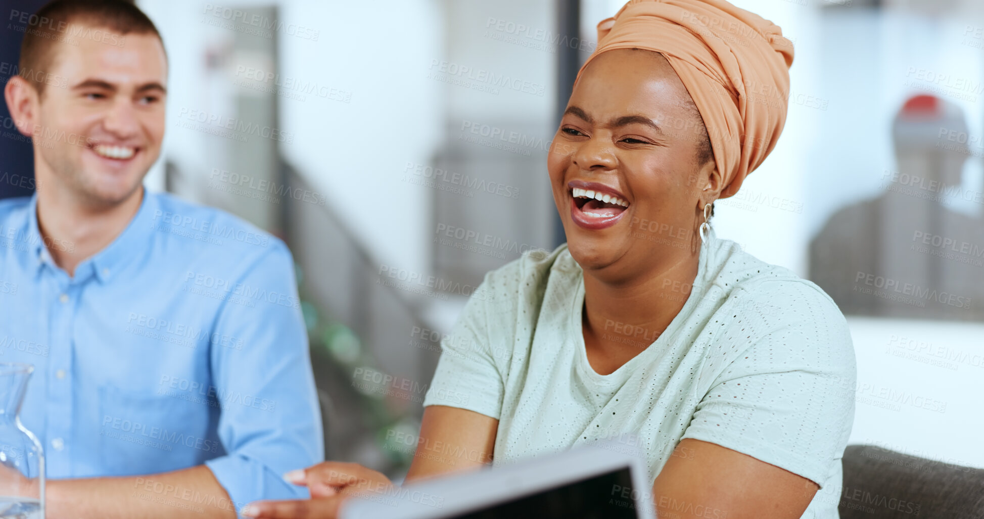 Buy stock photo Meeting, funny and a business black woman laughing in the boardroom while planning with her team. Collaboration, management and comedy with a happy employee in the office for a workshop or seminar