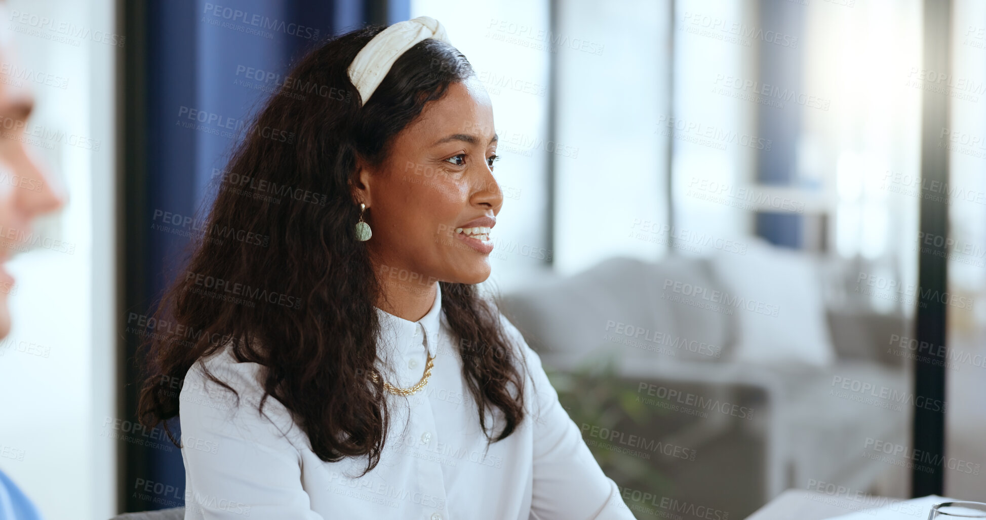 Buy stock photo Black woman, talking and manager teaching business in meeting, collaboration or training employee in workplace Leadership, conversation and mentor show ideas for project, planning or presentation