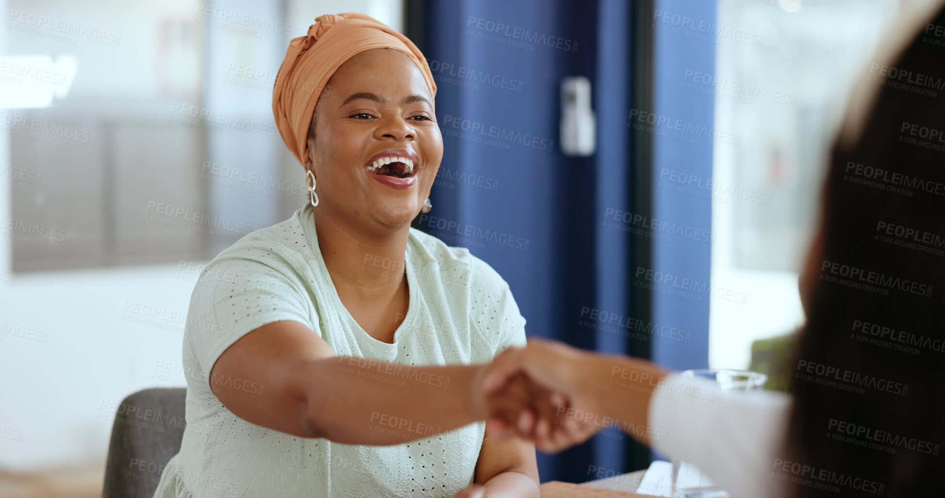 Buy stock photo Happy business people, partnership handshake and welcome to startup company. Shaking hands, teamwork or collaboration of women in agreement on b2b contract deal for success of recruitment negotiation