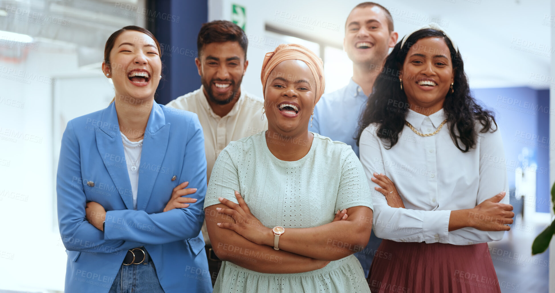 Buy stock photo Portrait, arms crossed and a business team laughing in the office together for management or leadership. Smile, diversity and collaboration with a funny employee group happy in the workplace