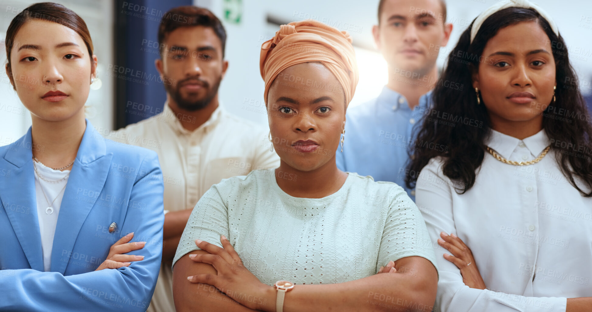 Buy stock photo Business people, teamwork and diversity, arms crossed and serious in portrait, corporate group and pride at workplace. Employees at office, confidence and professional collaboration with workforce