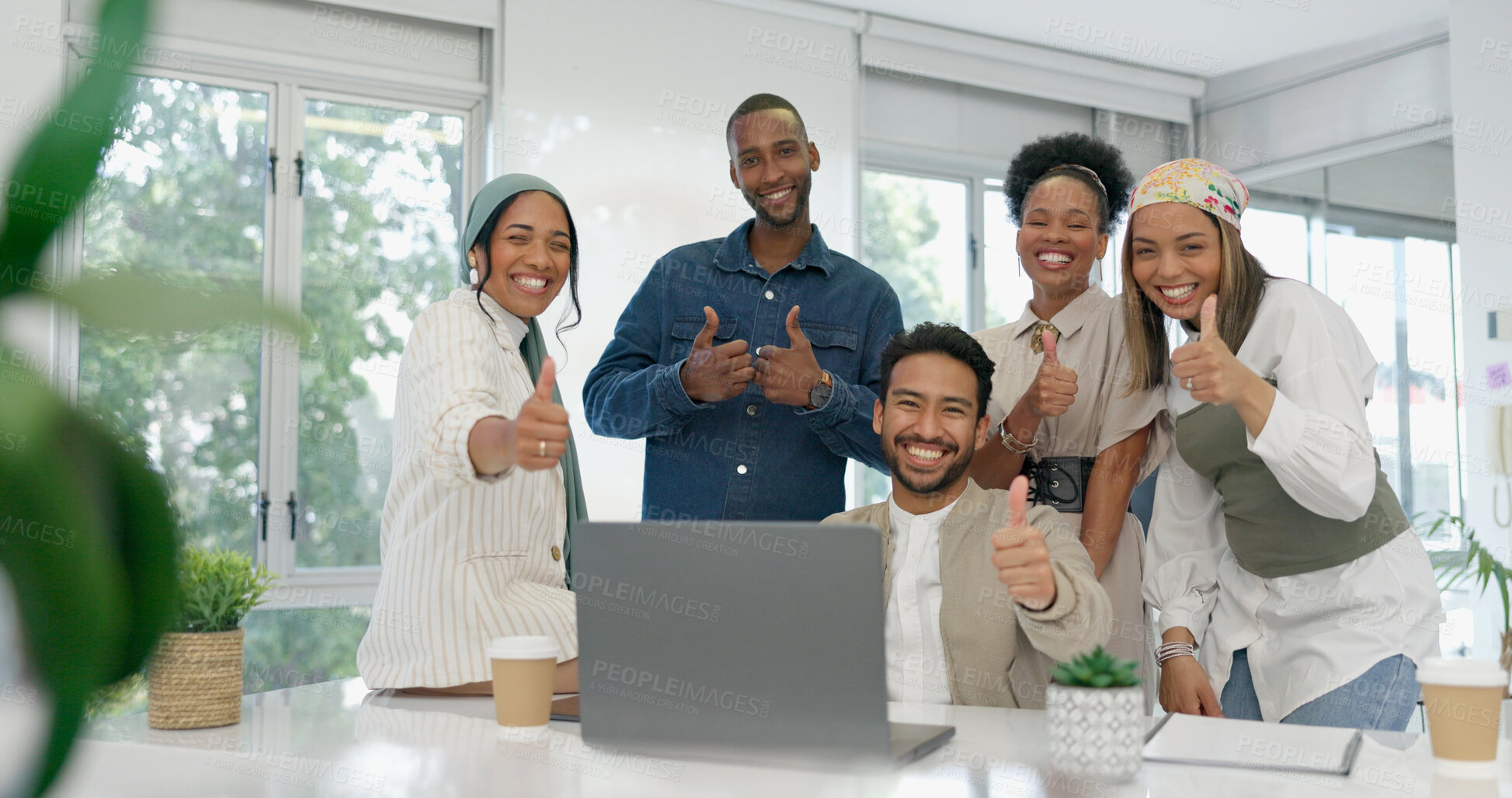 Buy stock photo Business people, thumbs up and laptop for meeting success, thank you and support at startup marketing company. Group of employees in portrait with like, yes or subscribe emoji or good job on computer