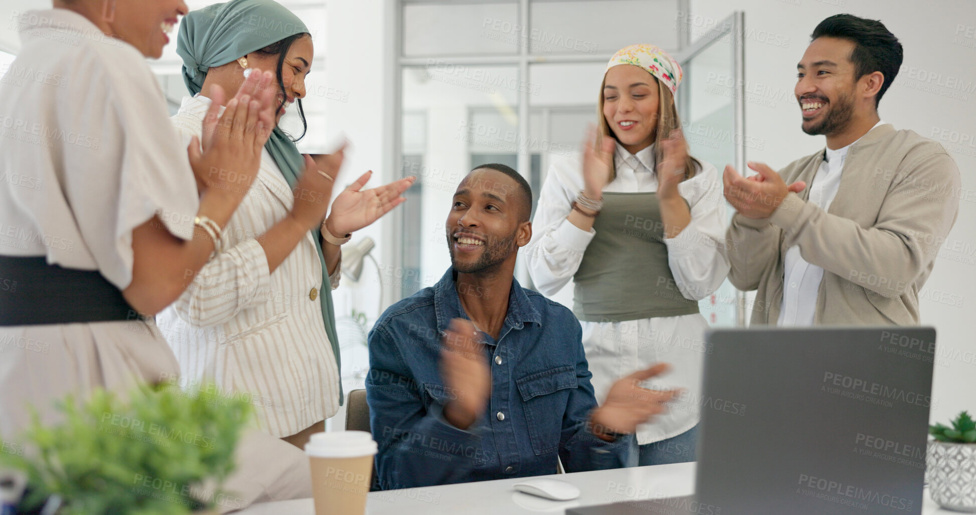 Buy stock photo Business people, success and applause on laptop for winner or news of startup goals and marketing sales. Team manager celebration or clapping for social media target, winning and results on computer