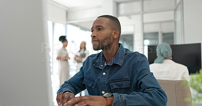 Buy stock photo Black man in office, thinking and reading on computer for email feedback, review or article summary. Website, market research report and media employee with online survey or analysis for web business