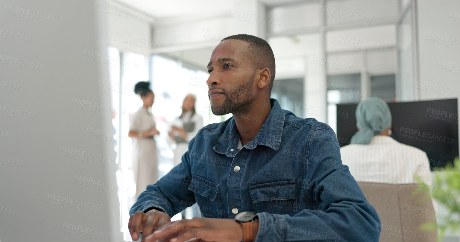 Buy stock photo Black man in office, thinking and reading on computer for email feedback, review or article summary. Website, market research report and media employee with online survey or analysis for web business