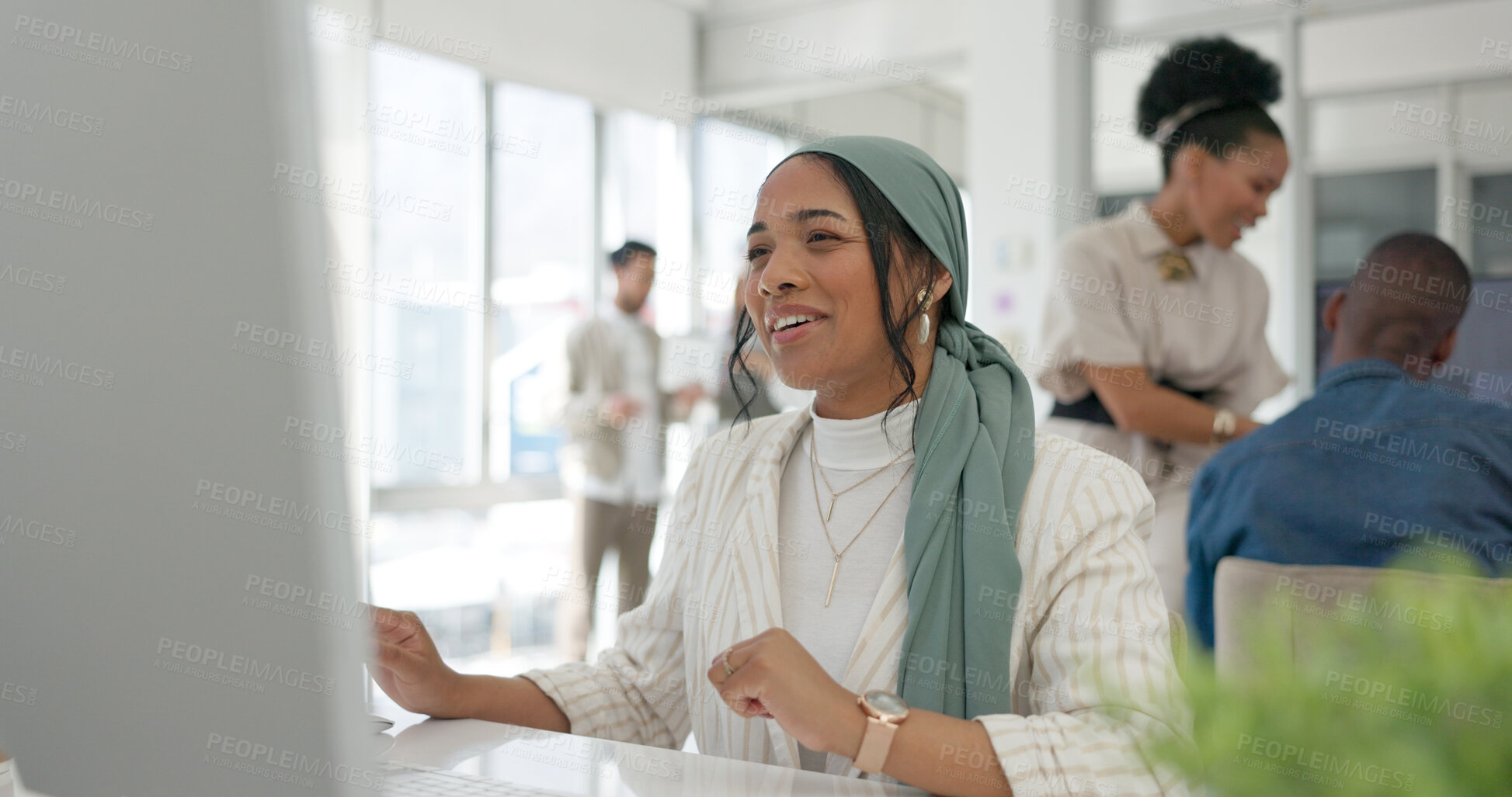 Buy stock photo Happy woman in office, thinking and reading on computer for email feedback, review or Islamic article summary. Website, market research and business report, media employee in hijab with online survey