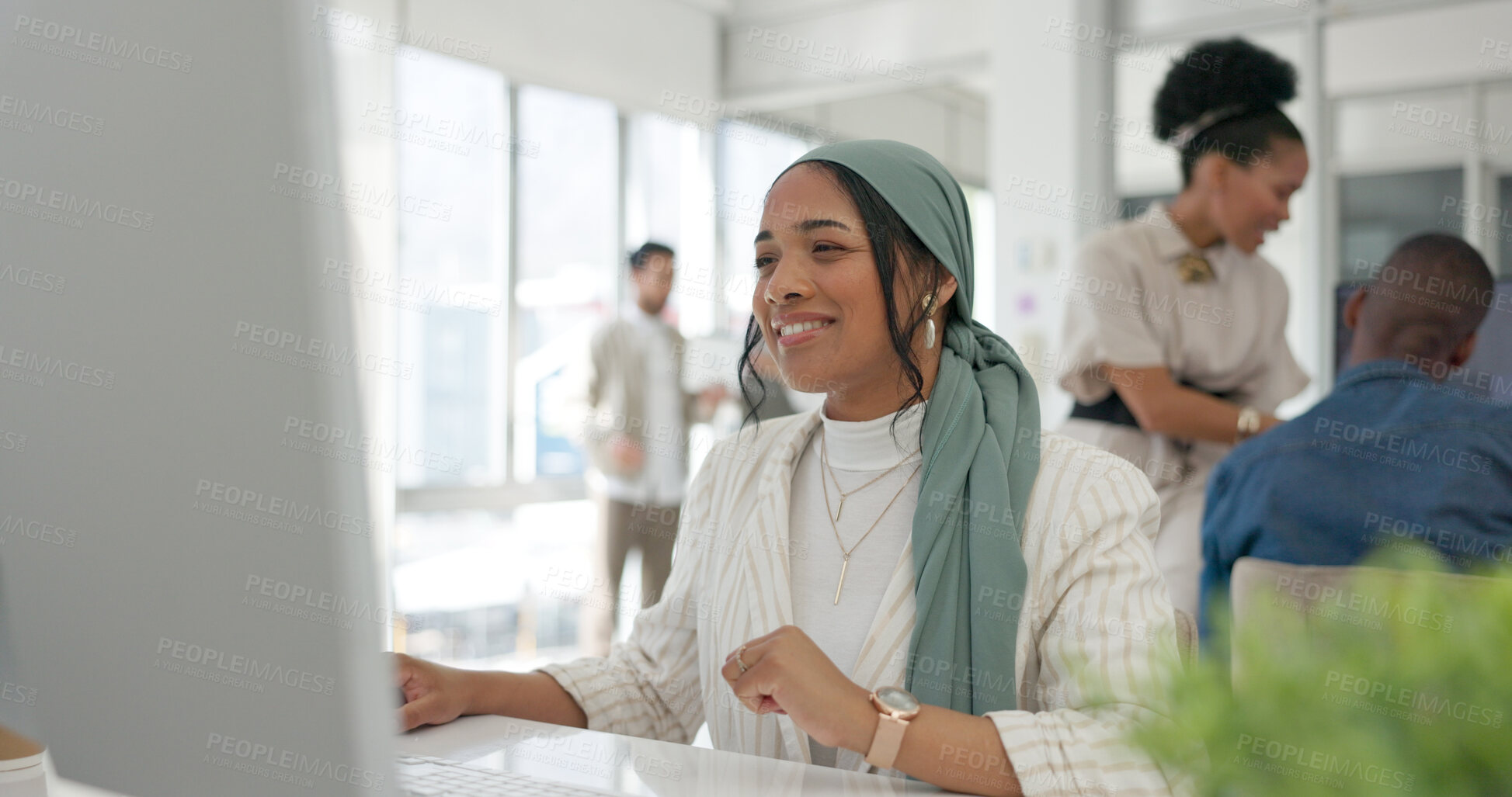 Buy stock photo Woman in office, smile and reading on computer for email feedback, review or article summary. Website, market research report and happy media employee with online survey or analysis for web business.