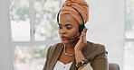 Face, customer service and black woman at call center consulting in office. Telemarketing, customer support or female sales agent, consultant and employee in communication, talking or speaking on mic