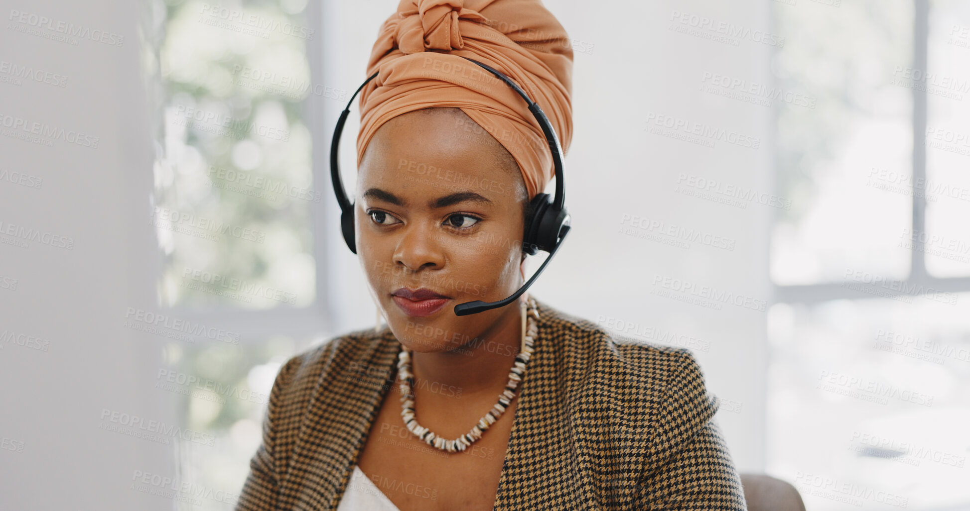 Buy stock photo Black woman, call center and consulting with headphones in customer service, support or telemarketing at office. Face of African female person, consultant or agent in online advice at workplace