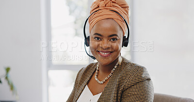 Face, customer service and black woman at call center consulting in office. Telemarketing, customer support or female sales agent, consultant and employee in communication, talking or speaking on mic