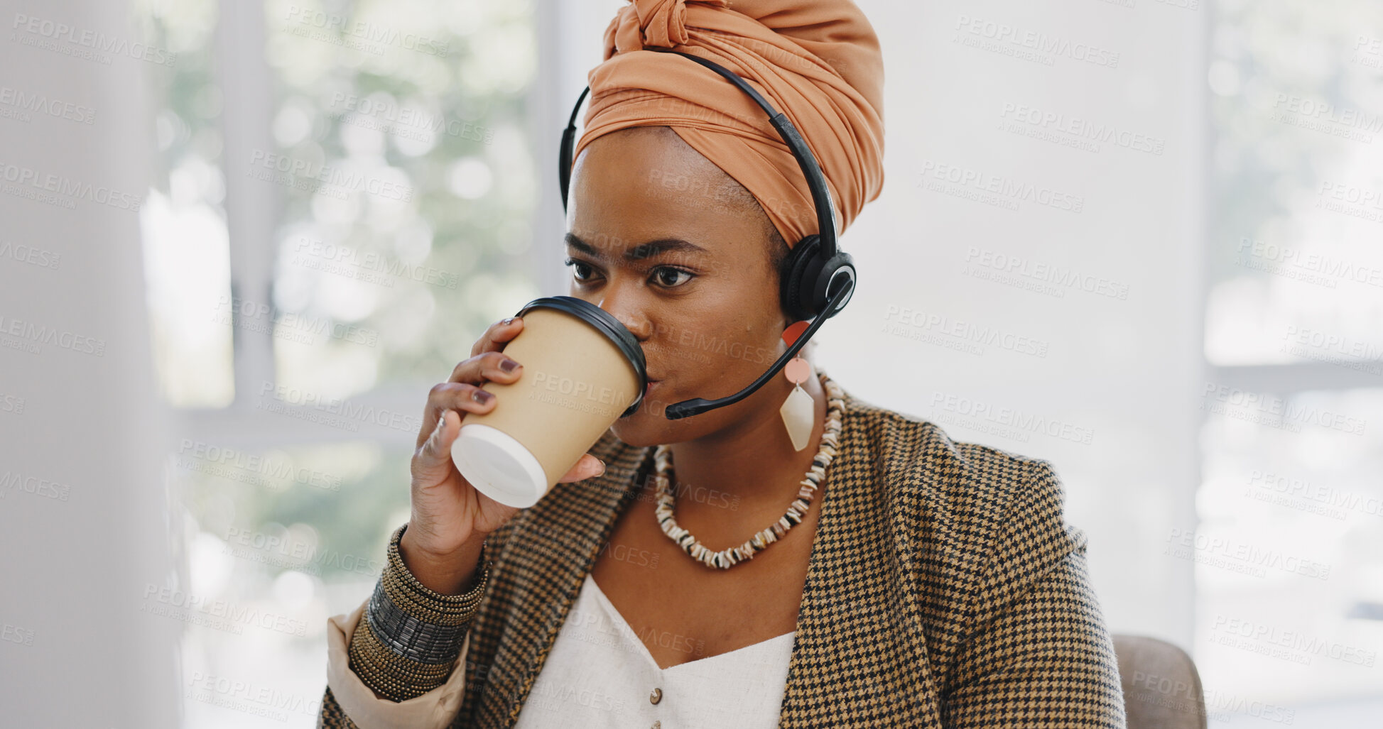 Buy stock photo Call center, customer service and black woman consultant in the office consulting online drinking coffee. Business worker, telemarketing and professional African female crm expert in workplace