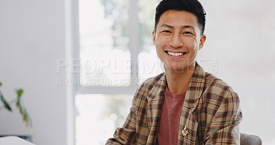 Web design, smile and face of an Asian man on a computer for information technology, website and coding. Happy, designer and portrait of a programmer working on a desktop app on a pc for work