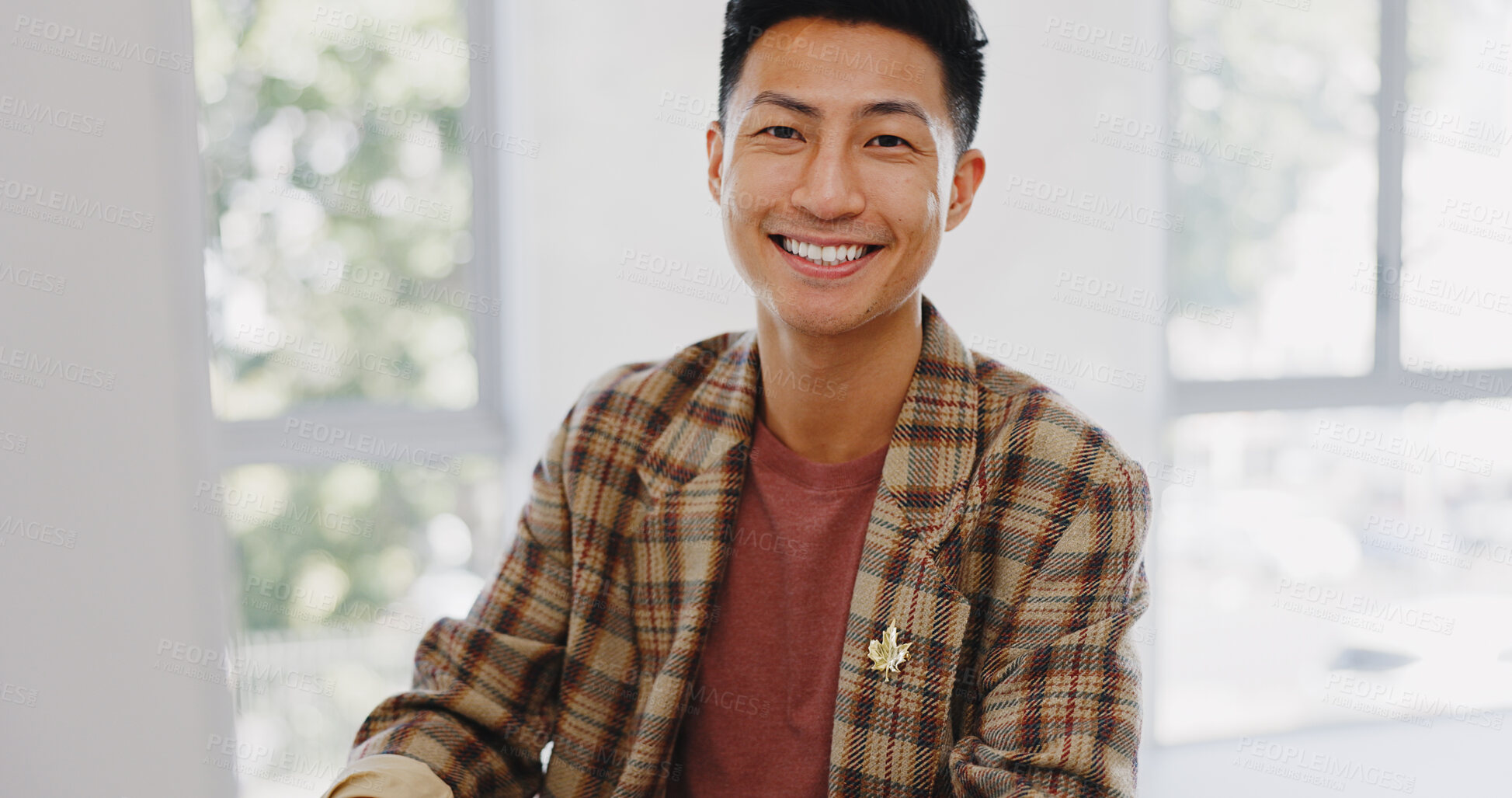 Buy stock photo Portrait, employee and Asian man with a smile, career and business owner in a workplace, formal and creative. Face, Japanese person and consultant with startup, advertising agent and entrepreneur