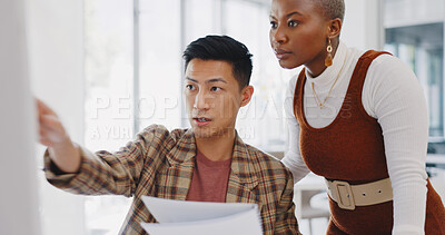 Leadership, black woman or manager mentoring an employee on SEO digital marketing strategy or feedback. Computer, report paperwork or advertising expert coaching, helping or training Japanese worker