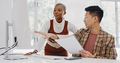 Leadership, black woman or manager mentoring an employee on SEO digital marketing strategy or feedback. Computer, report paperwork or advertising expert coaching, helping or training Japanese worker