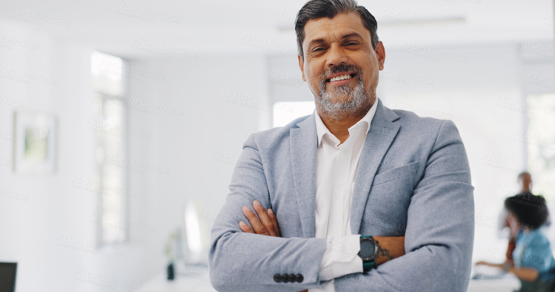 Buy stock photo Smile, leadership and portrait of mature businessman, CEO or boss with arms crossed, pride in office. Corporate business, senior project management and confident man with happy face at startup agency