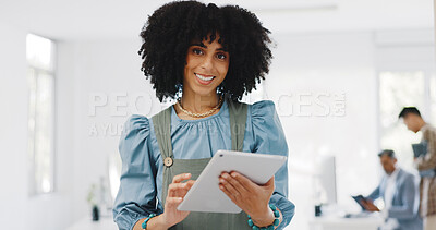 Face, business and black woman with tablet, connection and social media. Portrait, African American female or leader for digital marketing, fintech or communication for brand development or corporate