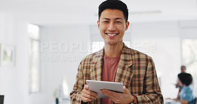 Email, social media and face of a businessman with a tablet for marketing website, web communication and networking. Digital marketing, smile and portrait of an employee with tech for planning