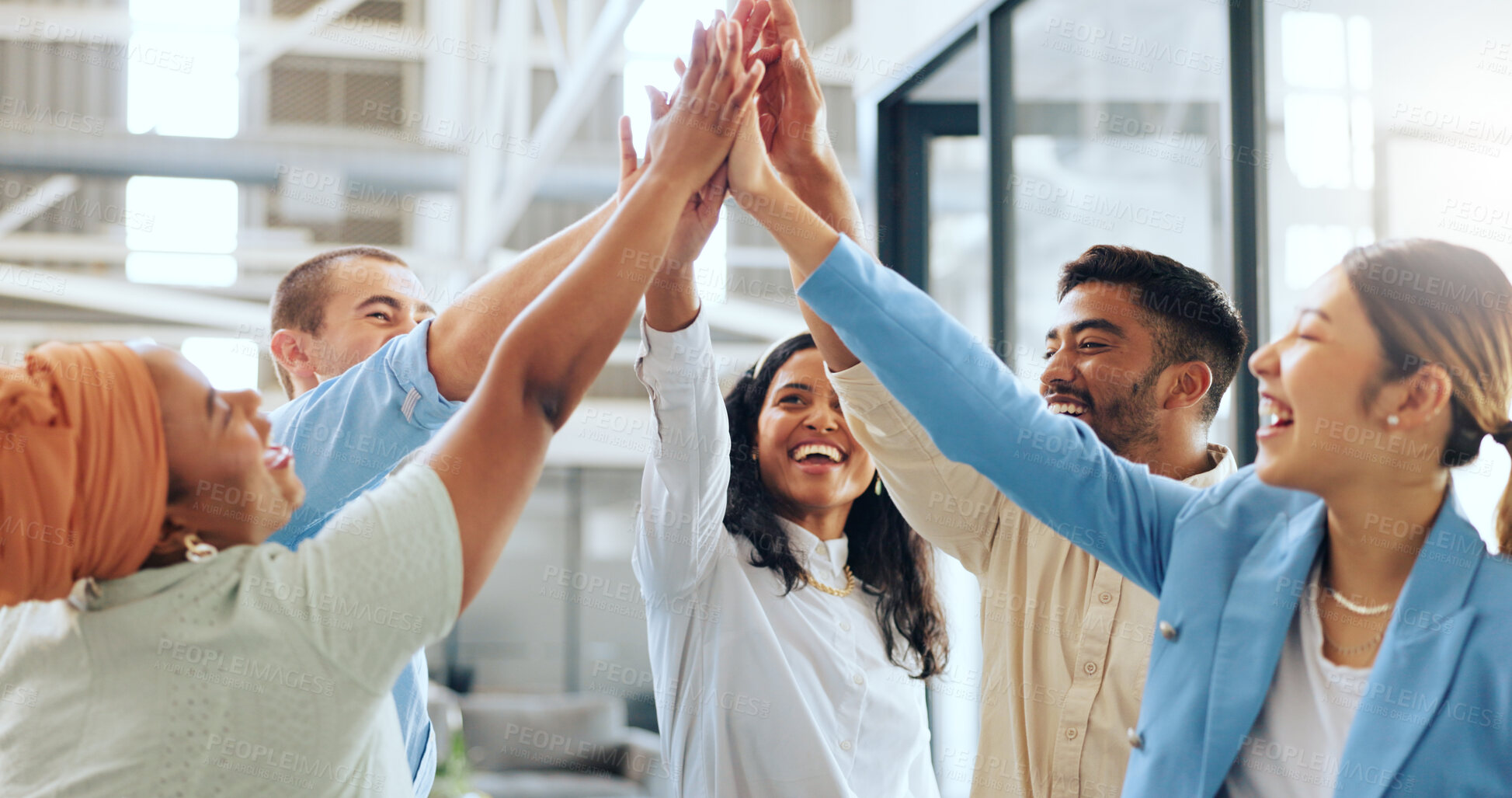 Buy stock photo Business people, diversity or high five in teamwork, success or team building in creative agency. Happy employees, group collaboration and hands together for support, trust and solidarity for winning