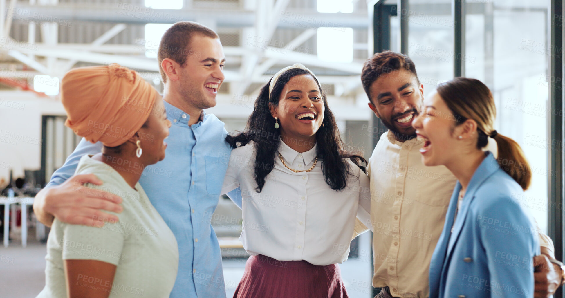 Buy stock photo Diversity, hug and business people with teamwork, smile or planning with cooperation, support or achievement. Staff, group or men with women, embrace or professional with partnership or collaboration