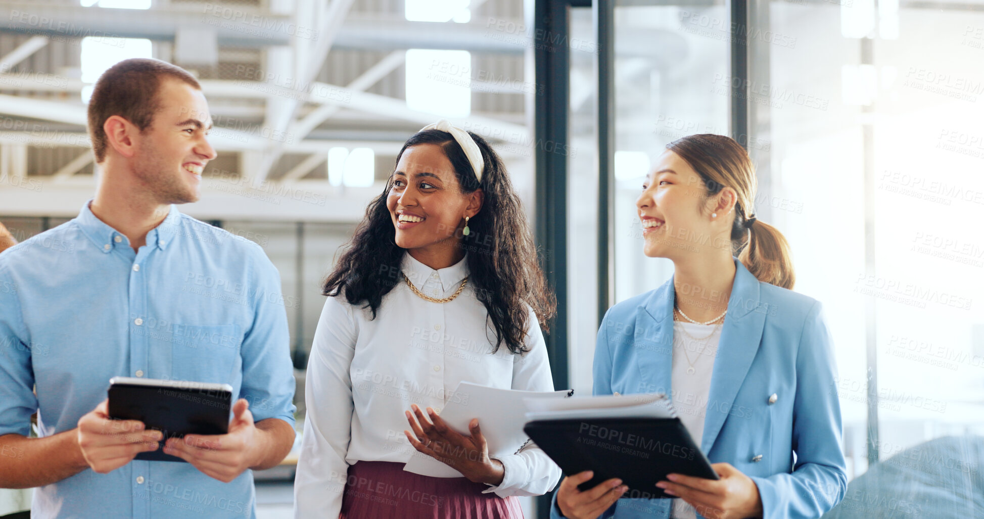 Buy stock photo Conversation, coworking and group of business people, walking in office together with tablet and documents. Teamwork, diversity and man and women planning, brainstorming ideas and casual discussion.