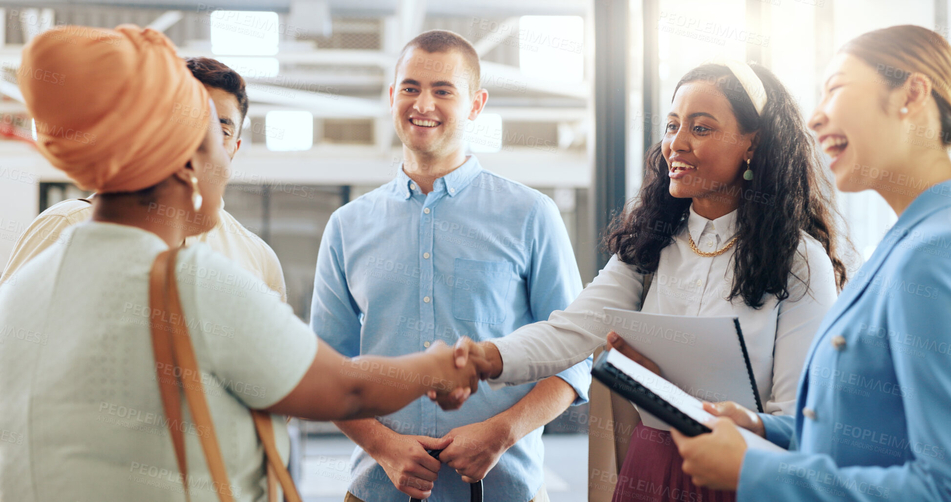 Buy stock photo Diversity, team and handshake for partnership, business and collaboration in modern office. Teamwork, meeting and staff greeting, hand gesture for welcome and group project for company networking